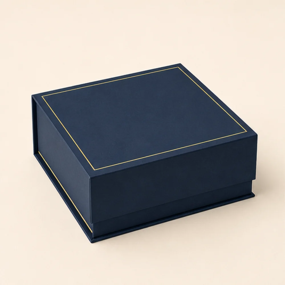 Illustrative navy rigid presentation box